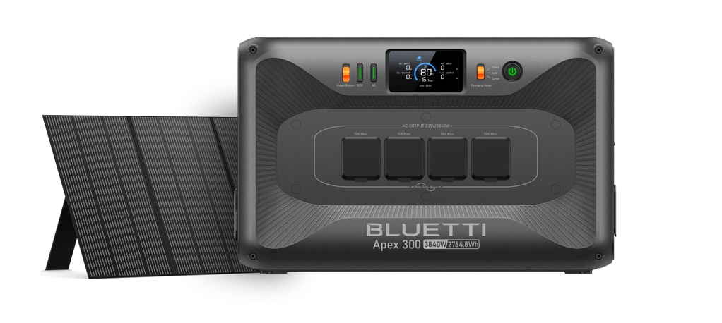 Bluetti Apex 300+350W panel solar portatil Energía que se adapta: desde el hogar hasta la caravana y fuera de la red.